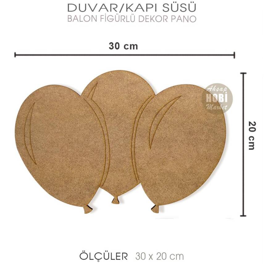 3'lü Balonlar Ahşap Duvar Pano Kapı Süsü (30x20 cm) - 2