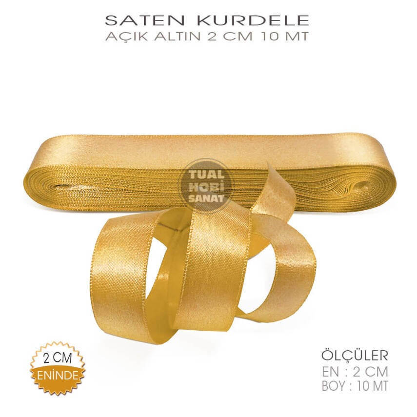 Açık Altın Renkli Saten Kurdele (Genişlik 2 cm) 10 Metre - 1
