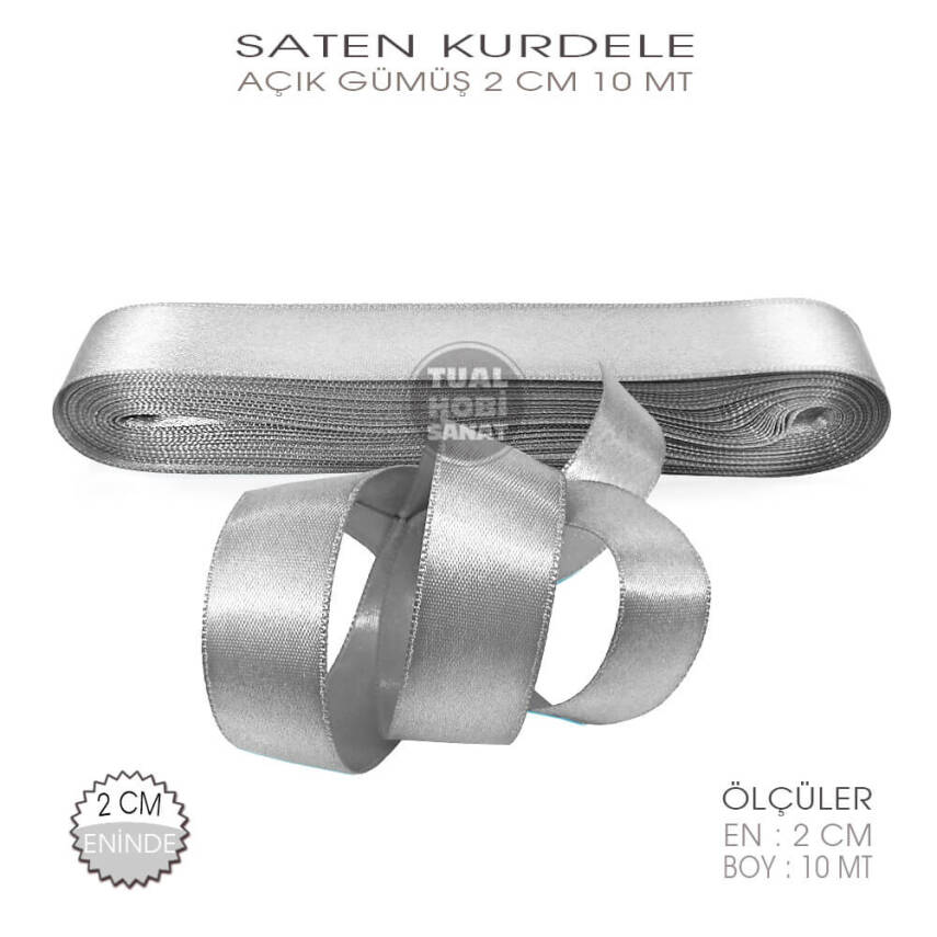 Açık Gümüş Gri Renkli Saten Kurdele (Genişlik 2 cm) 10 Metre - 1