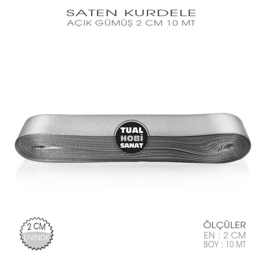 Açık Gümüş Gri Renkli Saten Kurdele (Genişlik 2 cm) 10 Metre - 2