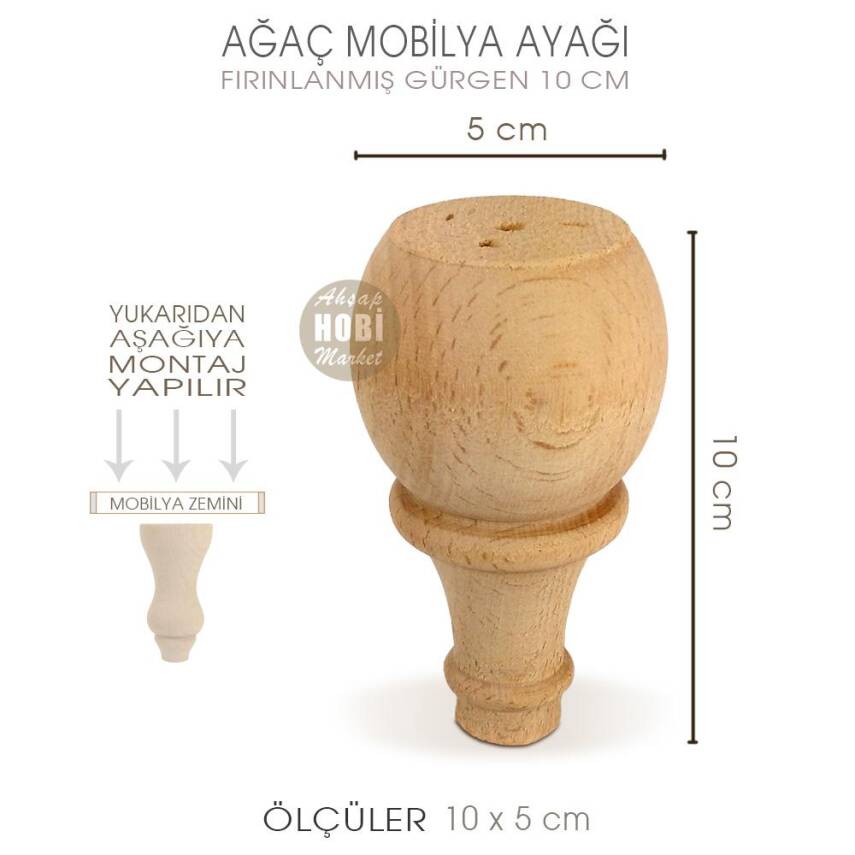Ağaç Torna Mobilya Ayağı (10x5 cm) Doğal Ahşap - 2