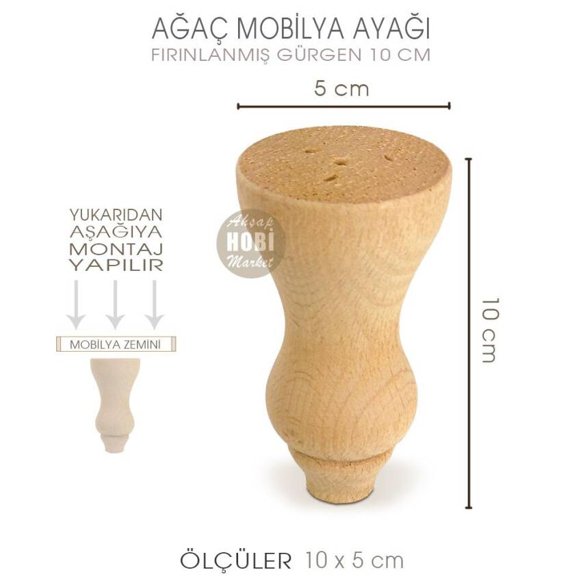 Ağaç Torna Mobilya Ayağı (10x5 cm) Doğal Ahşap - 2