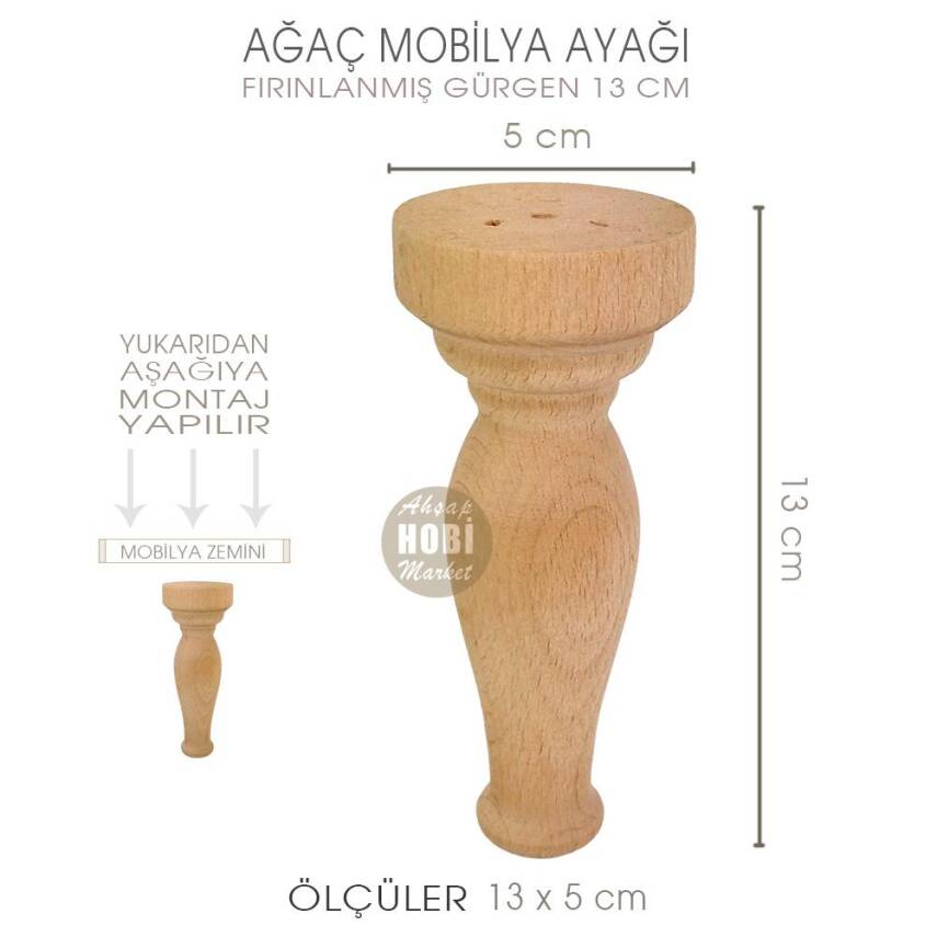 Ağaç Torna Mobilya Ayağı (13x5 cm) Doğal Ahşap - 2