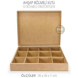 Ahşap 12 Bölmeli Dikdörtgen Büyük Kutu (35x25cm) - Tual Hobi Sanat (1)