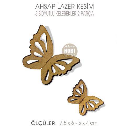 Ahşap 3 Boyutlu 2'li Kelebek (2 Parça) - 1