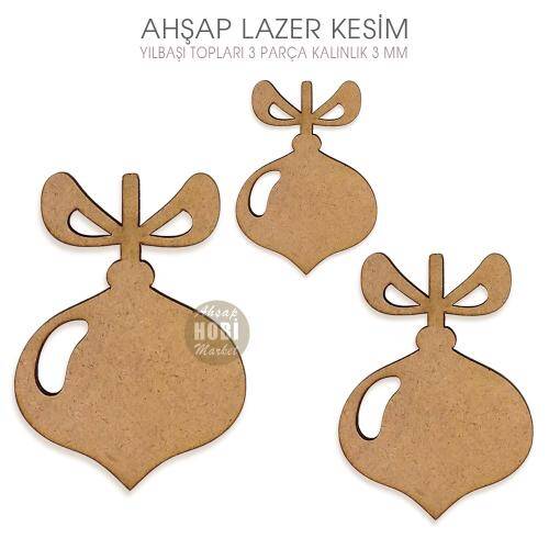 Ahşap 3'lü Yılbaşı Ağacı Süsleme Topları - 1