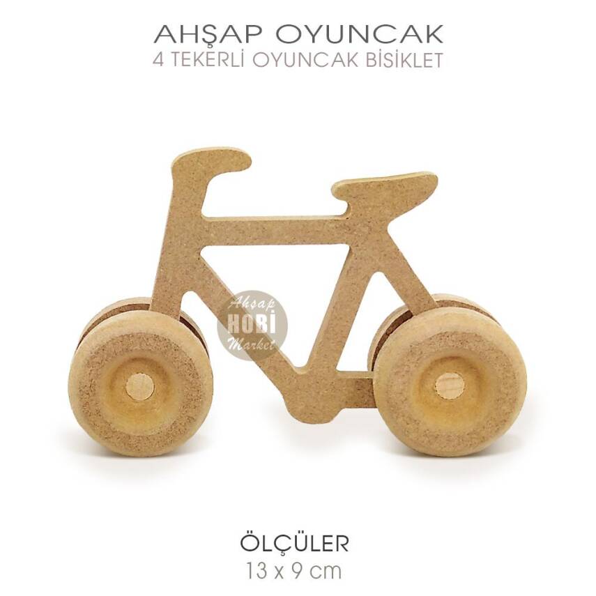 Ahşap 4 Tekerli Oyuncak Bisiklet (12x9 cm) Boyanabilir Ham - 1