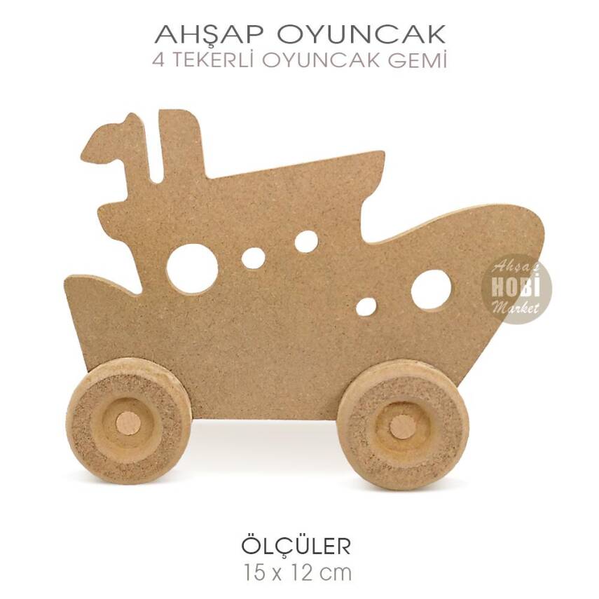 Ahşap 4 Tekerli Oyuncak Gemi (15x12 cm) Boyanabilir Ham - 1