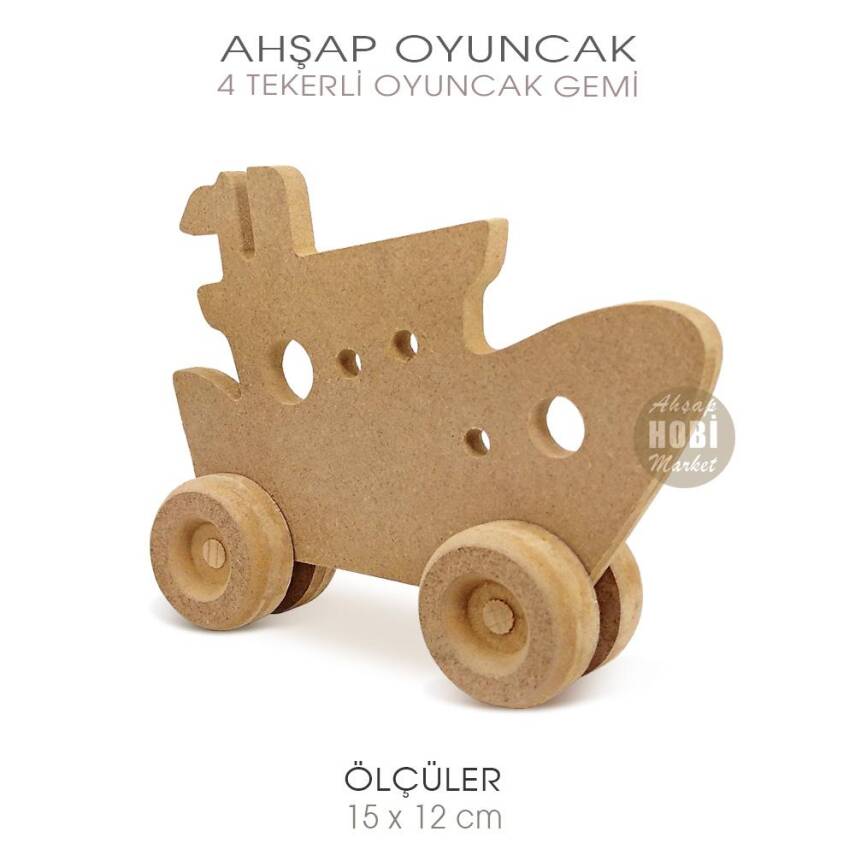 Ahşap 4 Tekerli Oyuncak Gemi (15x12 cm) Boyanabilir Ham - 2