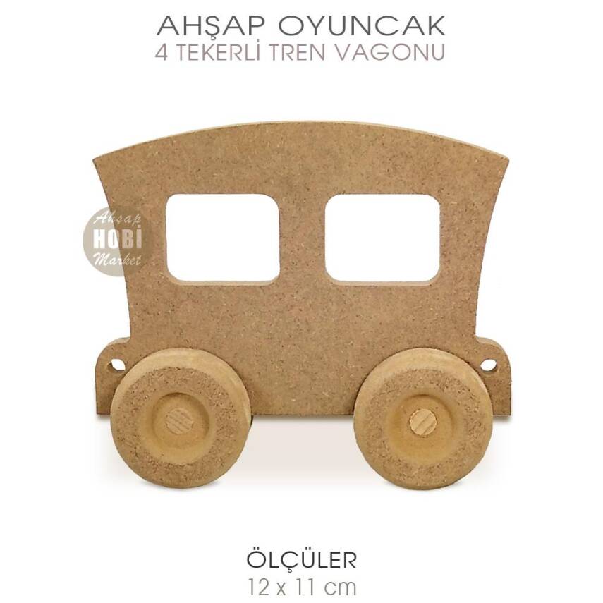 Ahşap 4 Tekerli Oyuncak Tren Vagonu (12x11 cm) Ham Tren Serisi - 1