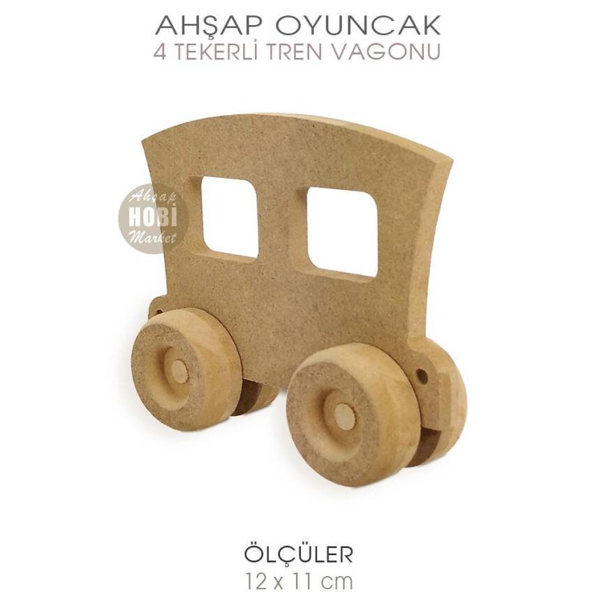 Ahşap 4 Tekerli Oyuncak Tren Vagonu (12x11 cm) Ham Tren Serisi - 2
