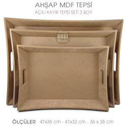 Ahşap Açılı Kayık Tepsi Seti (3 Parça) Ham - Tual Hobi Sanat (1)