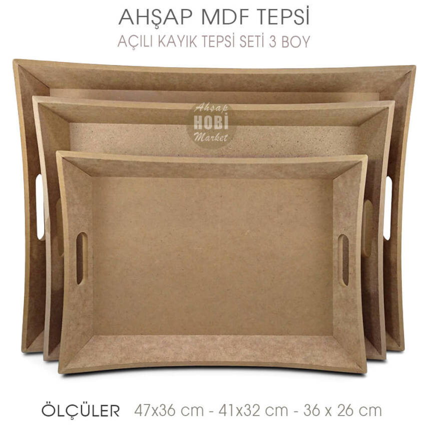 Ahşap Açılı Kayık Tepsi Seti (3 Parça) Ham - 2