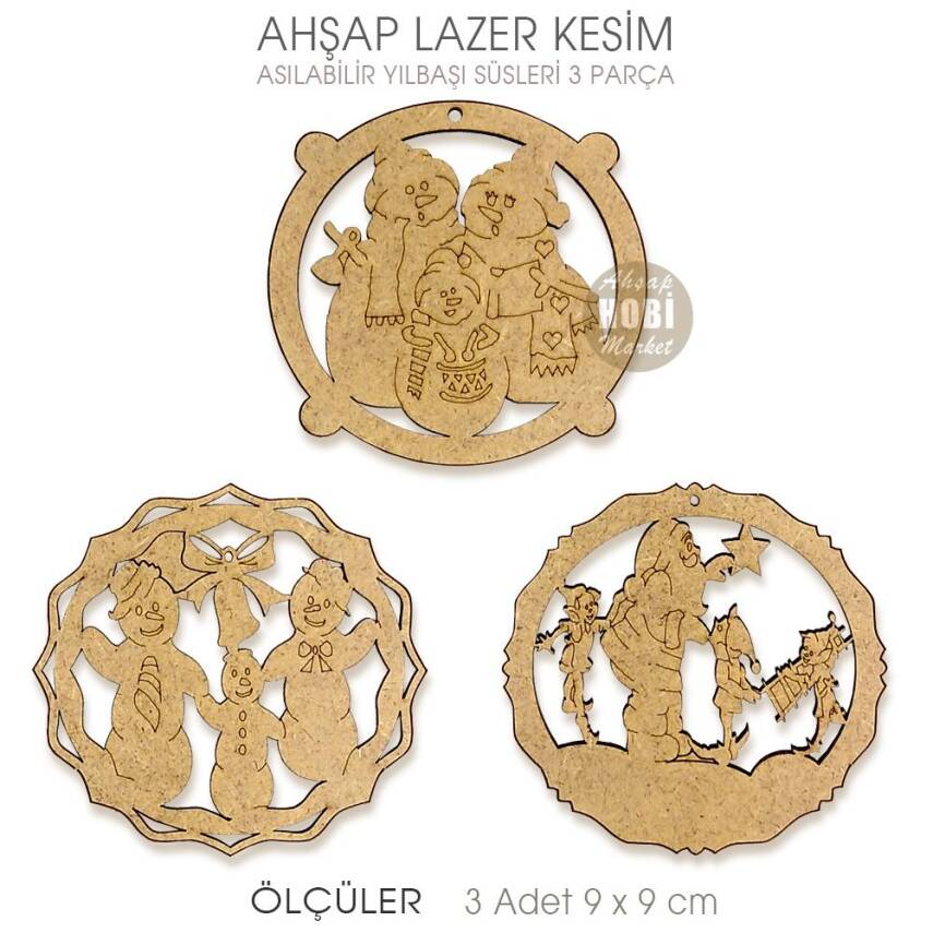 Ahşap Asılabilir 3'lü Yılbaşı Süsü Lazer Kesim - 1