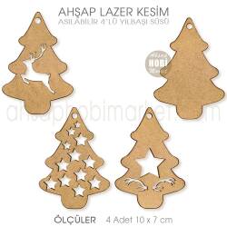 Ahşap Asılabilir 4'lü Yılbaşı Süsü Lazer Kesim - Tual Hobi Craft İst