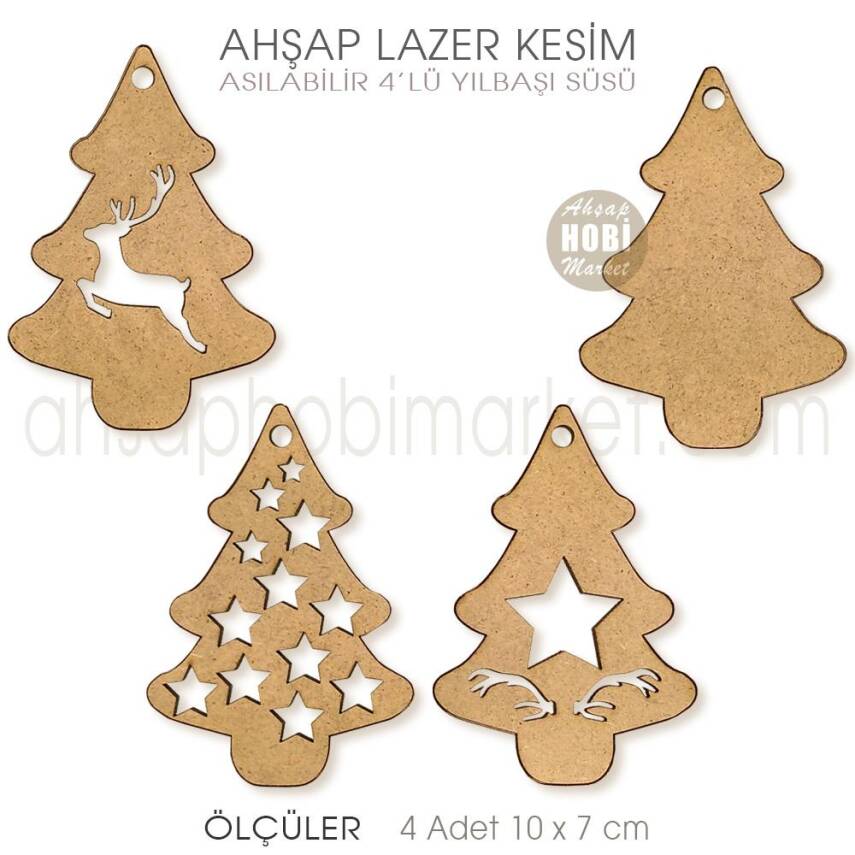 Ahşap Asılabilir 4'lü Yılbaşı Süsü Lazer Kesim - 1