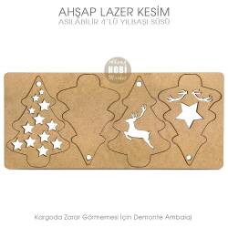 Ahşap Asılabilir 4'lü Yılbaşı Süsü Lazer Kesim - Tual Hobi Craft İst (1)