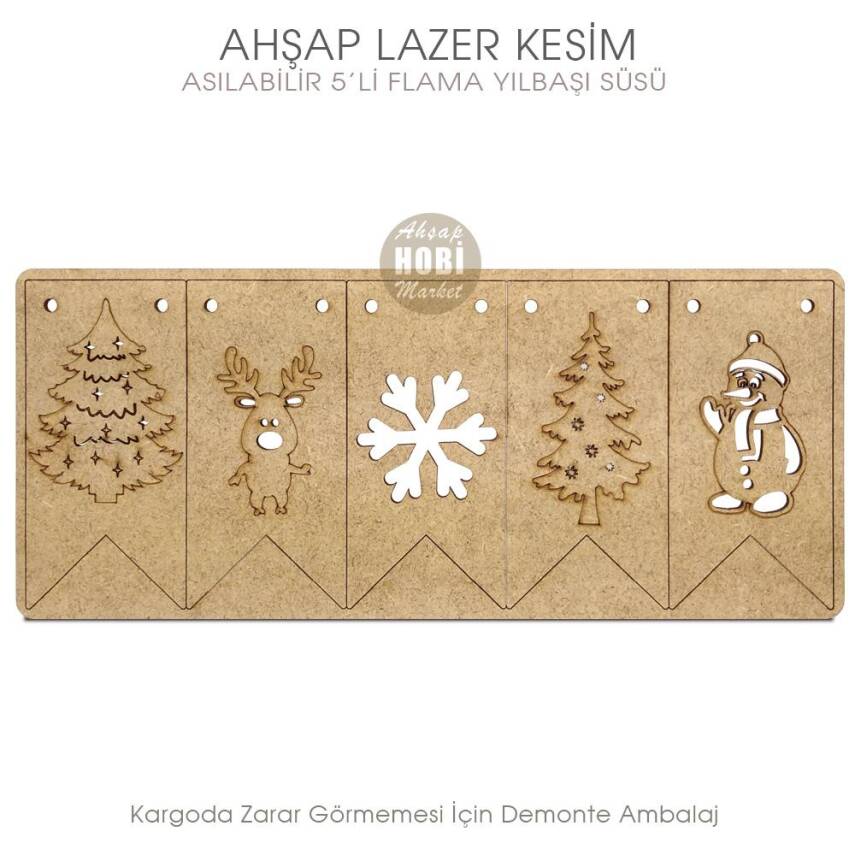 Ahşap Asılabilir 5'li Yılbaşı Flama Lazer Kesim - 2