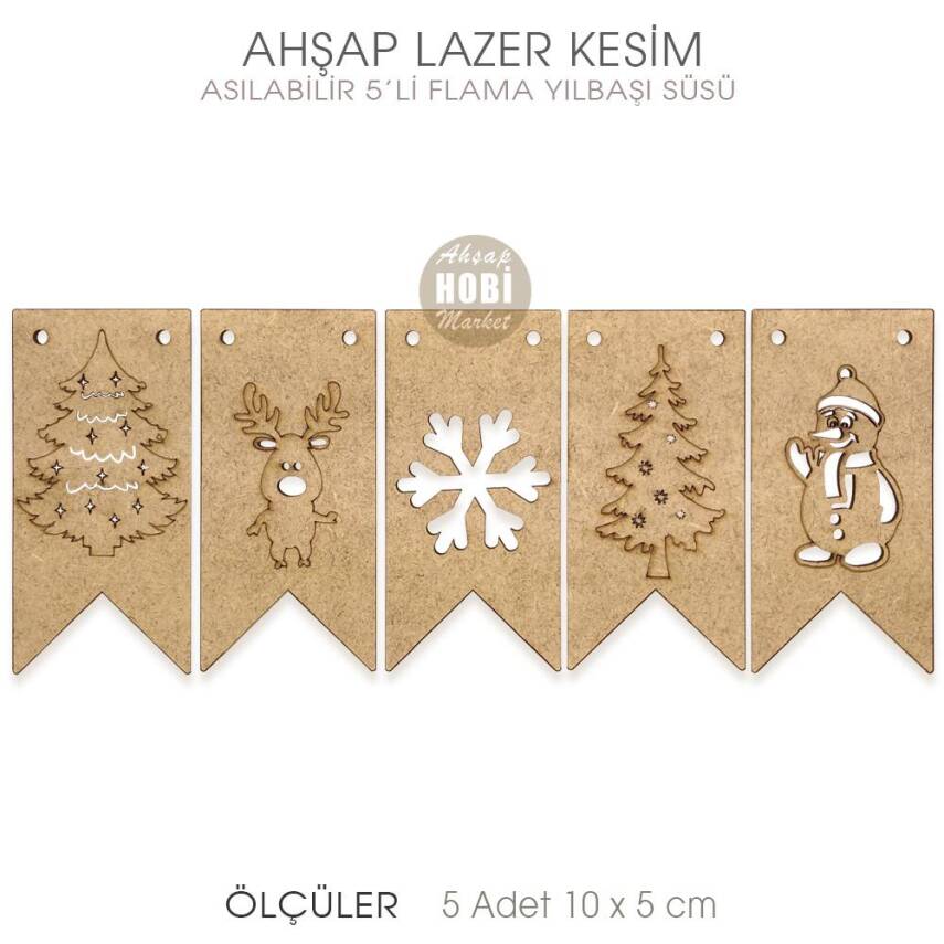 Ahşap Asılabilir 5'li Yılbaşı Flama Lazer Kesim - 1