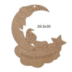 Ahşap Ay Dede Kızım Uyuyor Kapı Süsü (30x26,5 cm) Lazer Kesim - Tual Hobi Craft İst