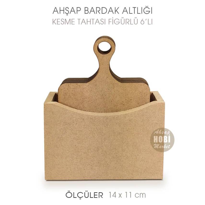 Ahşap Bardak Altlığı Düz Kesme Tahtası Figürlü 6'lı Standlı - 1