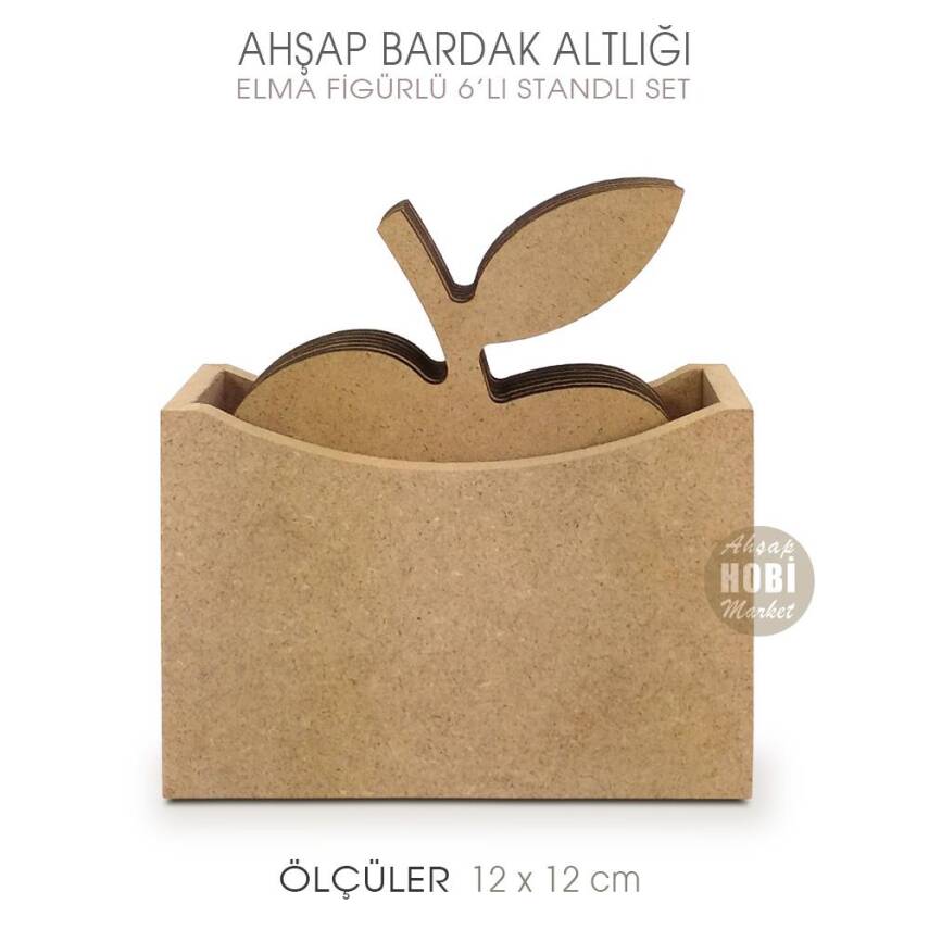 Ahşap Bardak Altlığı Elma Figürlü 6'lı Standlı - 1