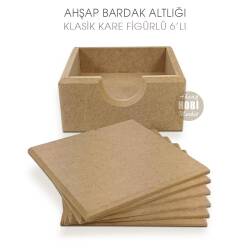 Ahşap Bardak Altlığı Kare Klasik Model 6'lı Standlı - Tual Hobi Craft İst (1)