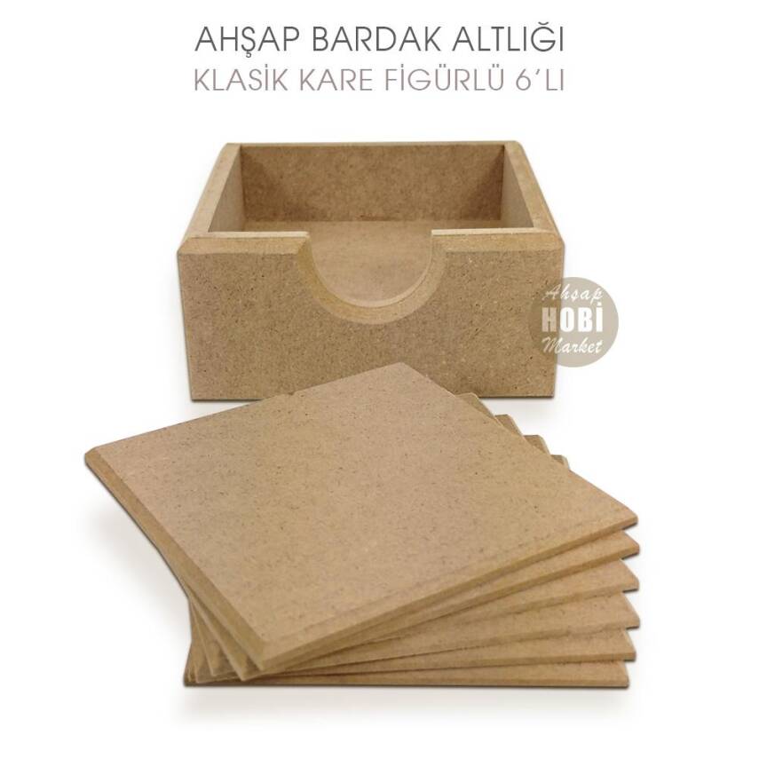 Ahşap Bardak Altlığı Kare Klasik Model 6'lı Standlı - 2