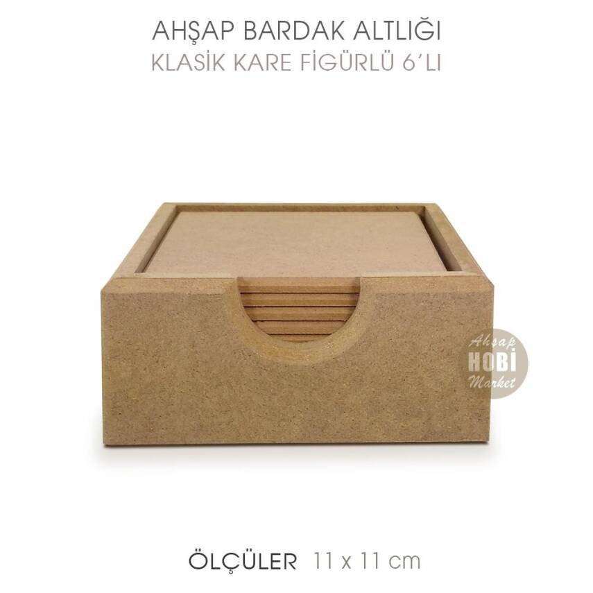 Ahşap Bardak Altlığı Kare Klasik Model 6'lı Standlı - 1