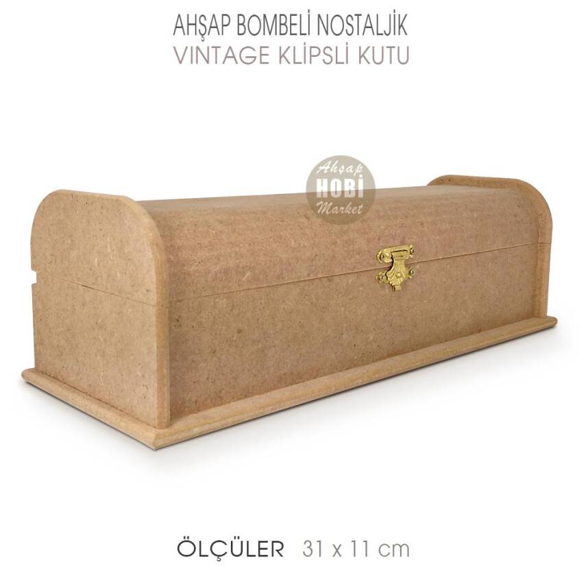 Ahşap Bombeli Lüks Nostaljik Kutu (31x11cm) Metal Klipsli - 2