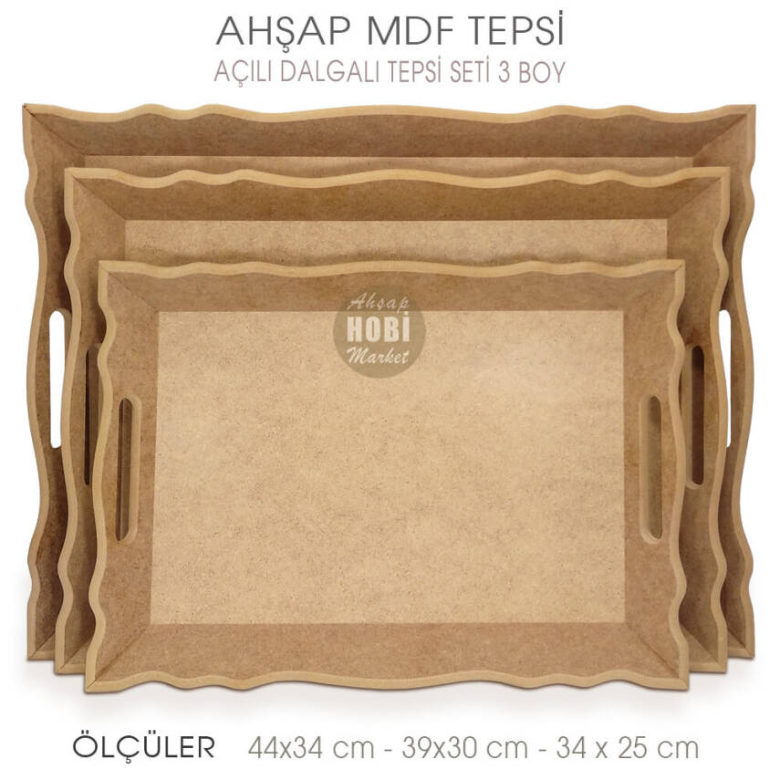 Ahşap Dalgalı Açılı Tepsi Seti (3 Parça) Ham - 2