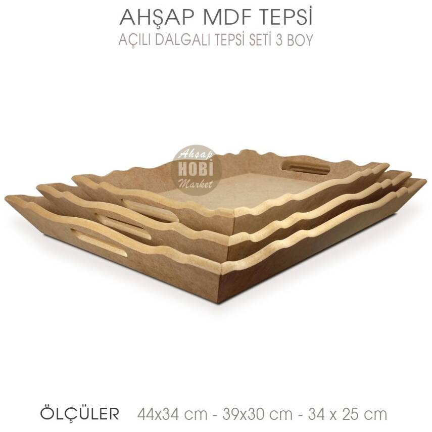 Ahşap Dalgalı Açılı Tepsi Seti (3 Parça) Ham - 1