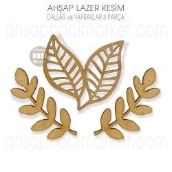 Ahşap Dallar ve Yapraklar Süs Seti (4 Parça) Lazer Kesim - Tual Hobi Sanat