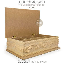 Ahşap Dikdörtgen Oymalı Aplik Bölmeli Kutu (30x20 cm) Model 1 - Tual Hobi Sanat