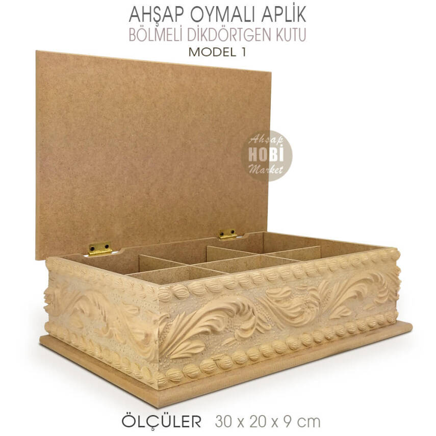 Ahşap Dikdörtgen Oymalı Aplik Bölmeli Kutu (30x20 cm) Model 1 - 1