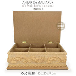 Ahşap Dikdörtgen Oymalı Aplik Bölmeli Kutu (30x20 cm) Model 1 - Tual Hobi Sanat (1)