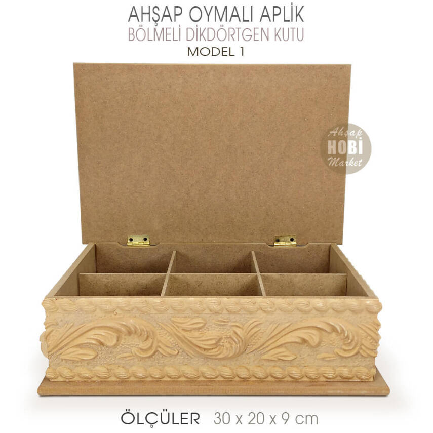 Ahşap Dikdörtgen Oymalı Aplik Bölmeli Kutu (30x20 cm) Model 1 - 2