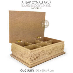 Ahşap Dikdörtgen Oymalı Aplik Bölmeli Kutu (30x20 cm) Model 2 - Tual Hobi Sanat