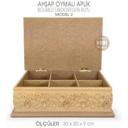 Ahşap Dikdörtgen Oymalı Aplik Bölmeli Kutu (30x20 cm) Model 2 - Tual Hobi Sanat (1)