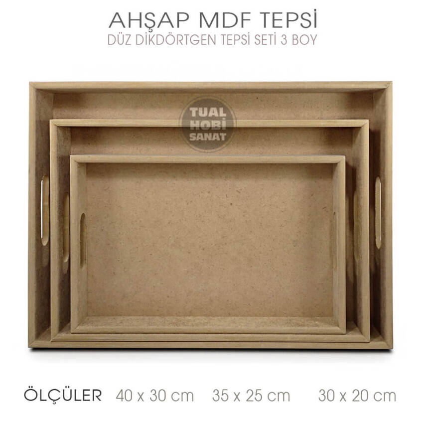 Ahşap Düz Dikdörtgen Tepsi Seti (3 Parça) Ham - 2