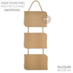 Ahşap Halat İpli 3'lü Duvar Dikdörtgen Pano (63x20 cm) - Tual Hobi Craft İst