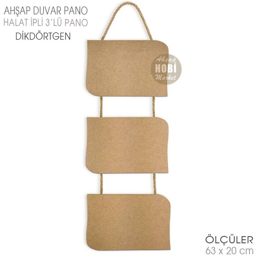 Ahşap Halat İpli 3'lü Duvar Dikdörtgen Pano (63x20 cm) - 1