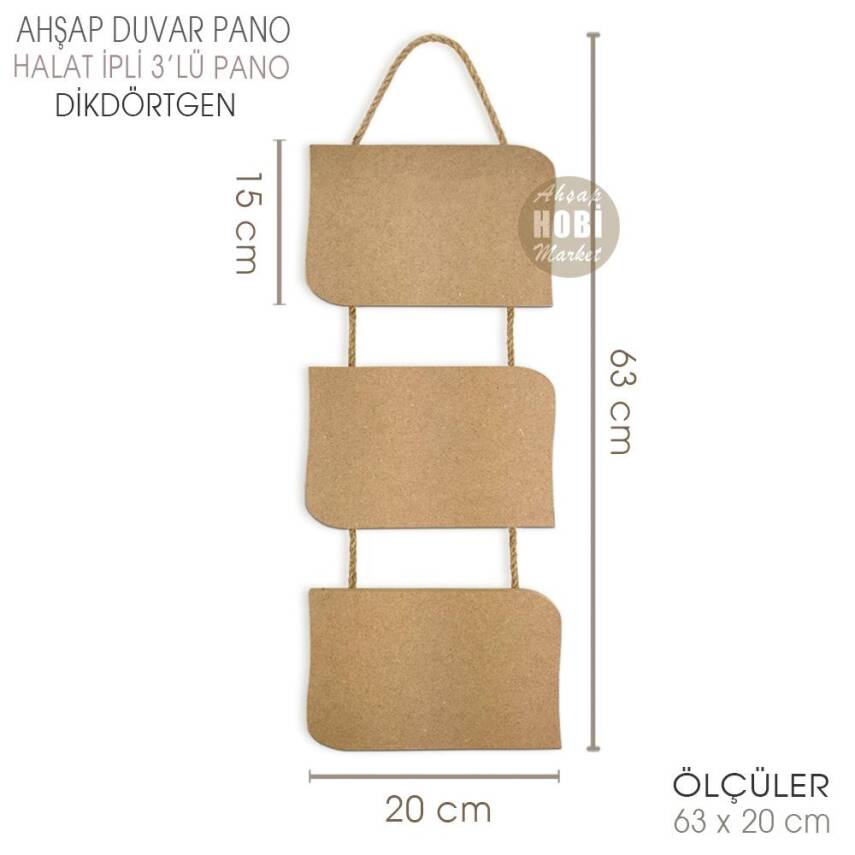 Ahşap Halat İpli 3'lü Duvar Dikdörtgen Pano (63x20 cm) - 2