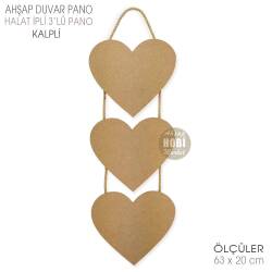 Ahşap Halat İpli 3'lü Kalpli Duvar Pano (63x20 cm) - Tual Hobi Craft İst