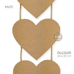 Ahşap Halat İpli 3'lü Kalpli Duvar Pano (63x20 cm) - 3