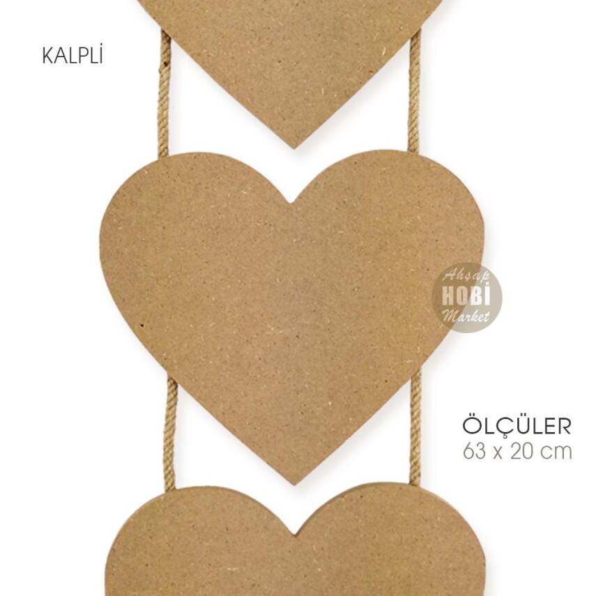 Ahşap Halat İpli 3'lü Kalpli Duvar Pano (63x20 cm) - 3