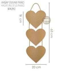 Ahşap Halat İpli 3'lü Kalpli Duvar Pano (63x20 cm) - Tual Hobi Craft İst (1)