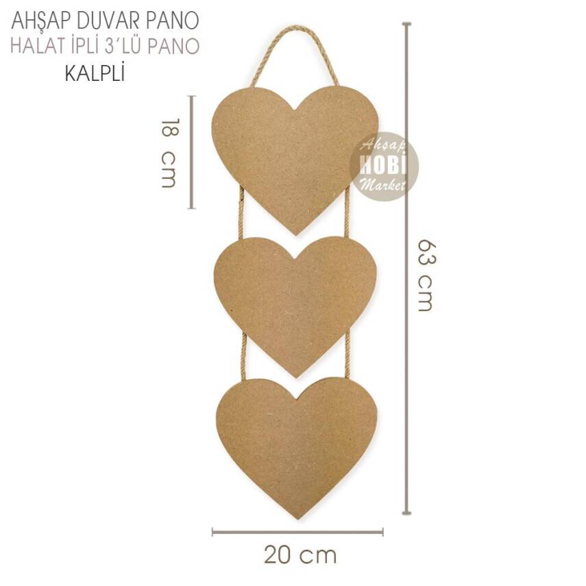 Ahşap Halat İpli 3'lü Kalpli Duvar Pano (63x20 cm) - 2