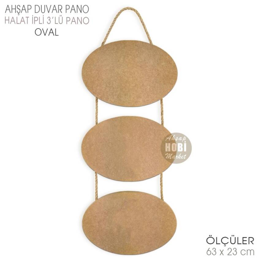 Ahşap Halat İpli 3'lü Oval Duvar Pano (63x23 cm) - 1