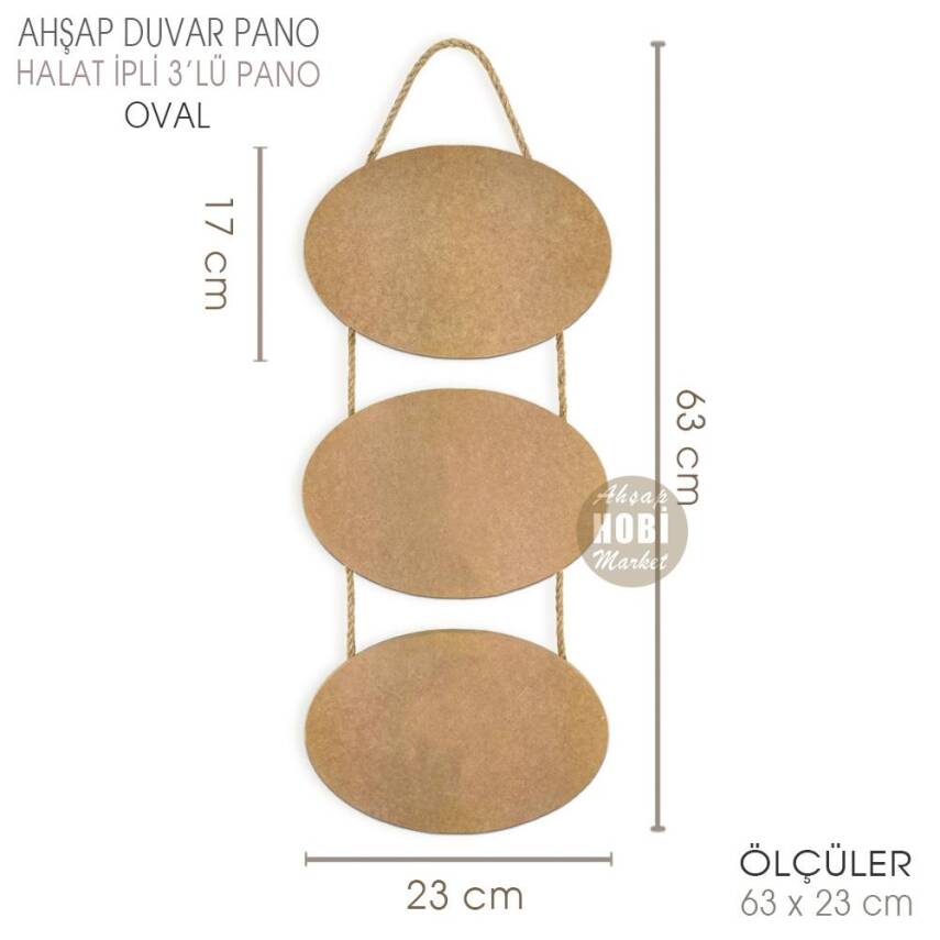 Ahşap Halat İpli 3'lü Oval Duvar Pano (63x23 cm) - 2